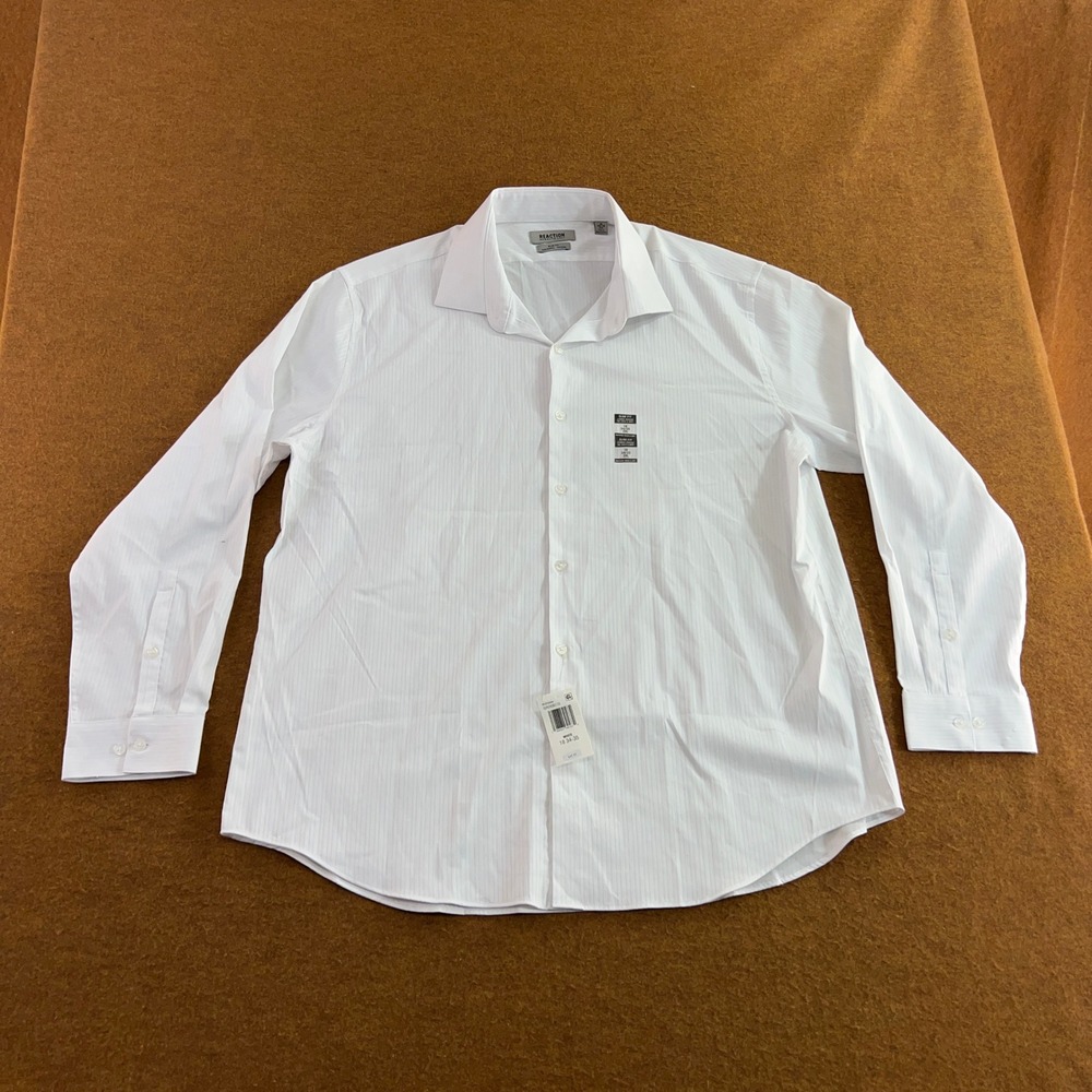 Kenneth Cole Mens 2XL White Slim Fit Flex Wicking Stripe Dress Shirt *Flaw